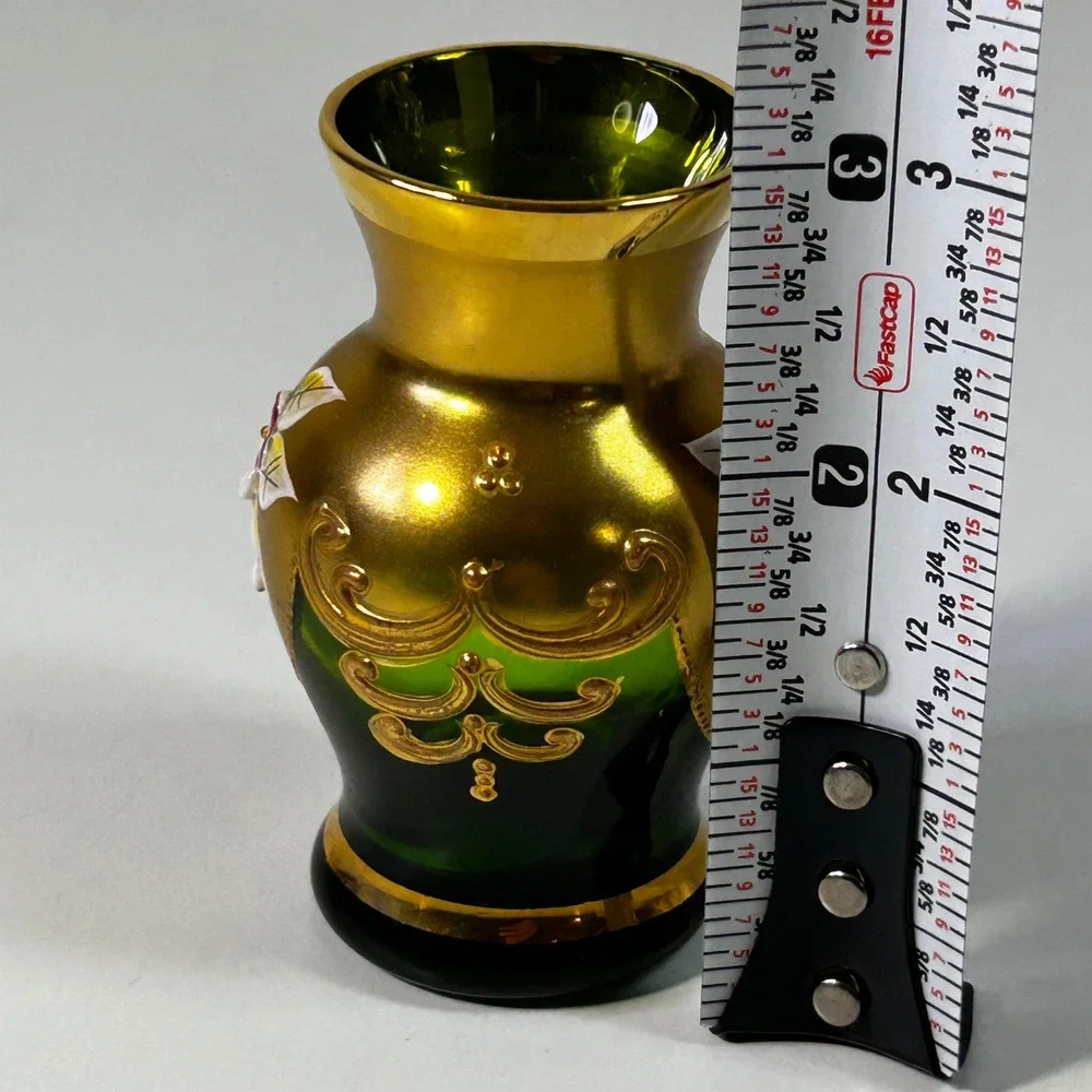 RTL Czechoslovakia Emerald Green Glass Bud Vase Gold Gilt Enamel Floral 3 Inch